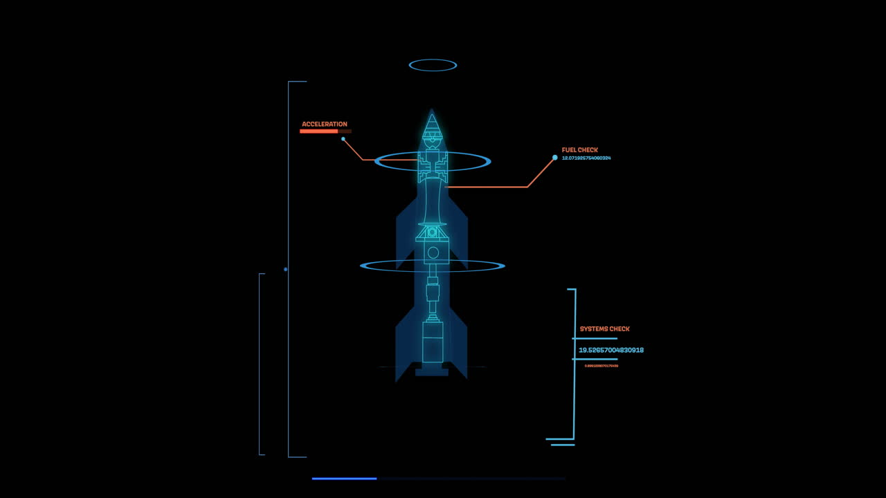 Animation of data processing and rocket blueprint on black background