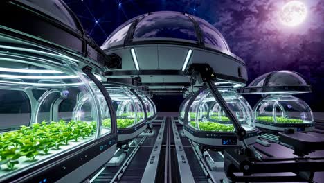 space farming in a futuristic greenhouse