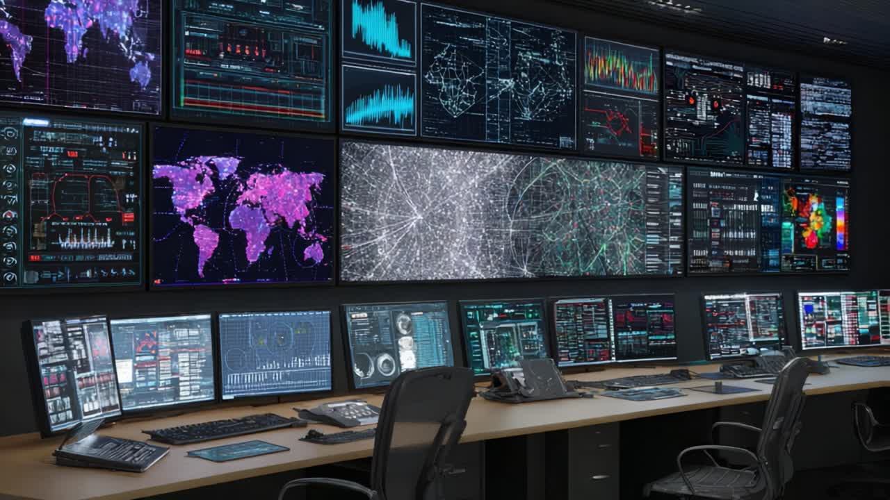 Fortschrittlicher Kontrollraum mit High-Tech-Datenüberwachungssystemen und interaktiven Displays für Echtzeitanalyse und Entscheidungsfindung in einer dynamischen Umgebung.