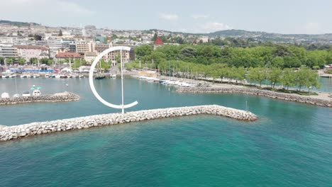 aerial of the big c at lausanne yacht harbor at lake geneva, switzerland