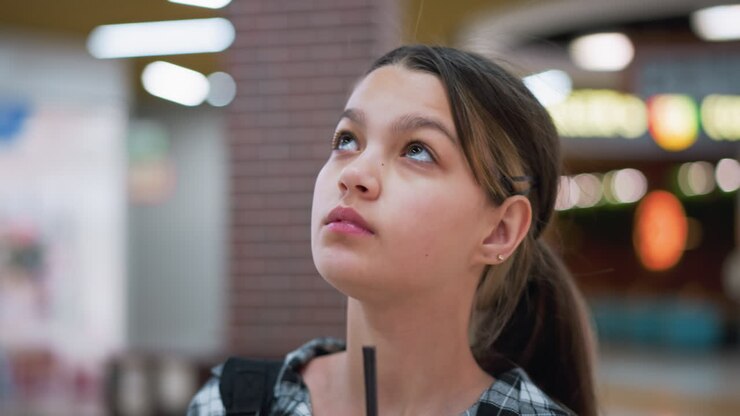 Young girl with Brazilian hair gazes upward at beautifully blurred mall decoration lights while sipping juice, soft indoor lighting, and a dreamy expression create an aesthetic moment