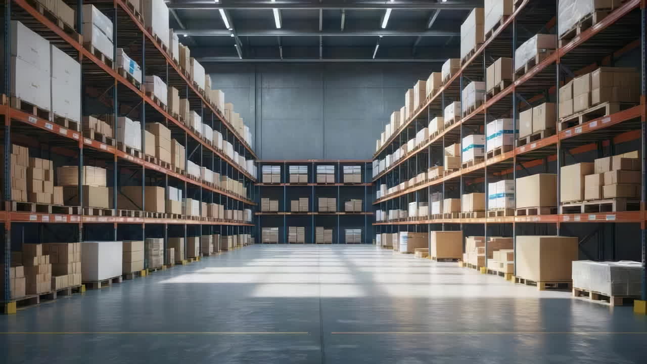 Large Modern Warehouse with Racks of Cardboard Boxes
