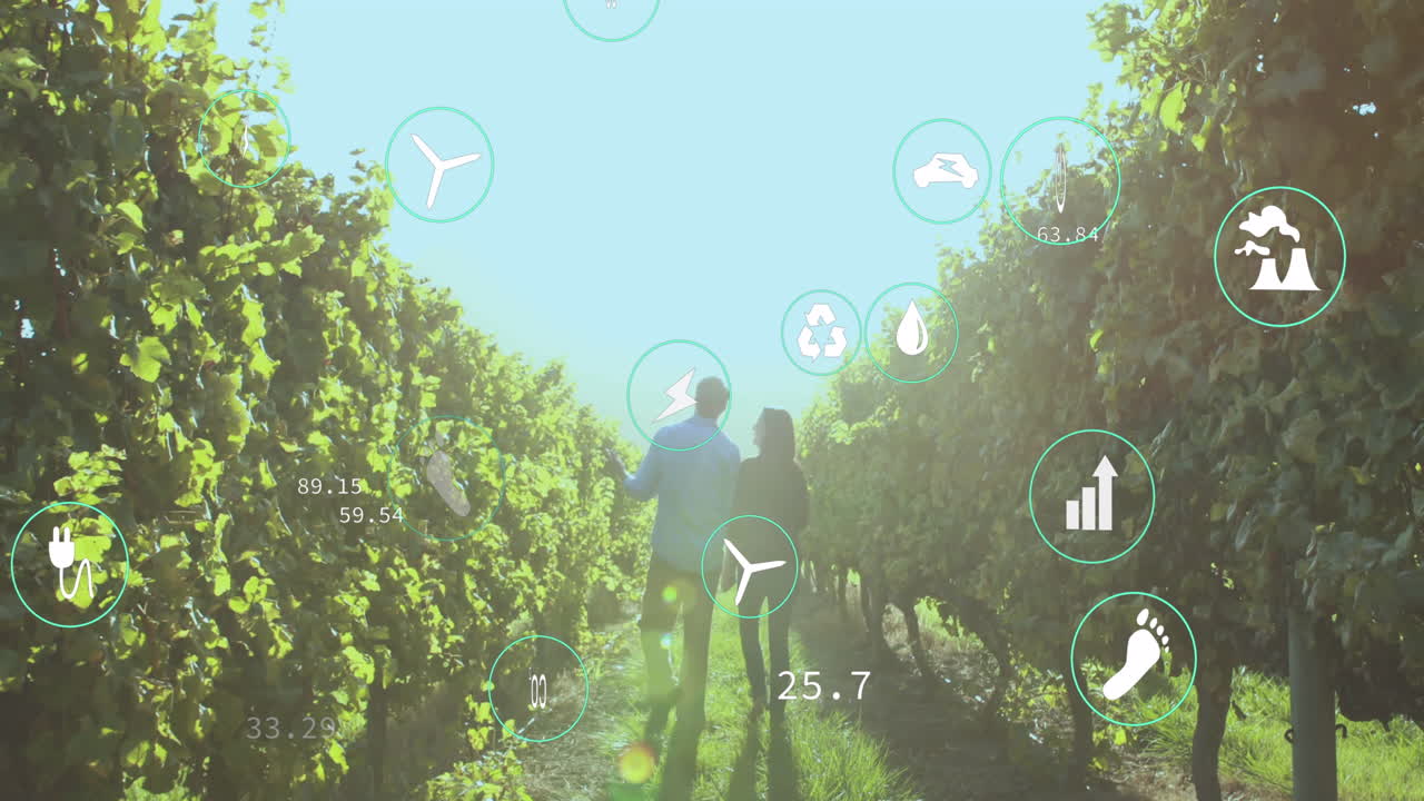 animación de iconos digitales y procesamiento de datos sobre personas abrazando en el campo