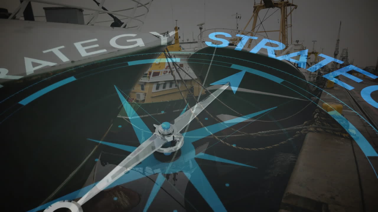 Animation of compass with arrow pointing to strategy text over boats in harbour