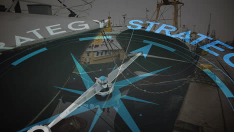 animation of compass with arrow pointing to strategy text over boats in harbour