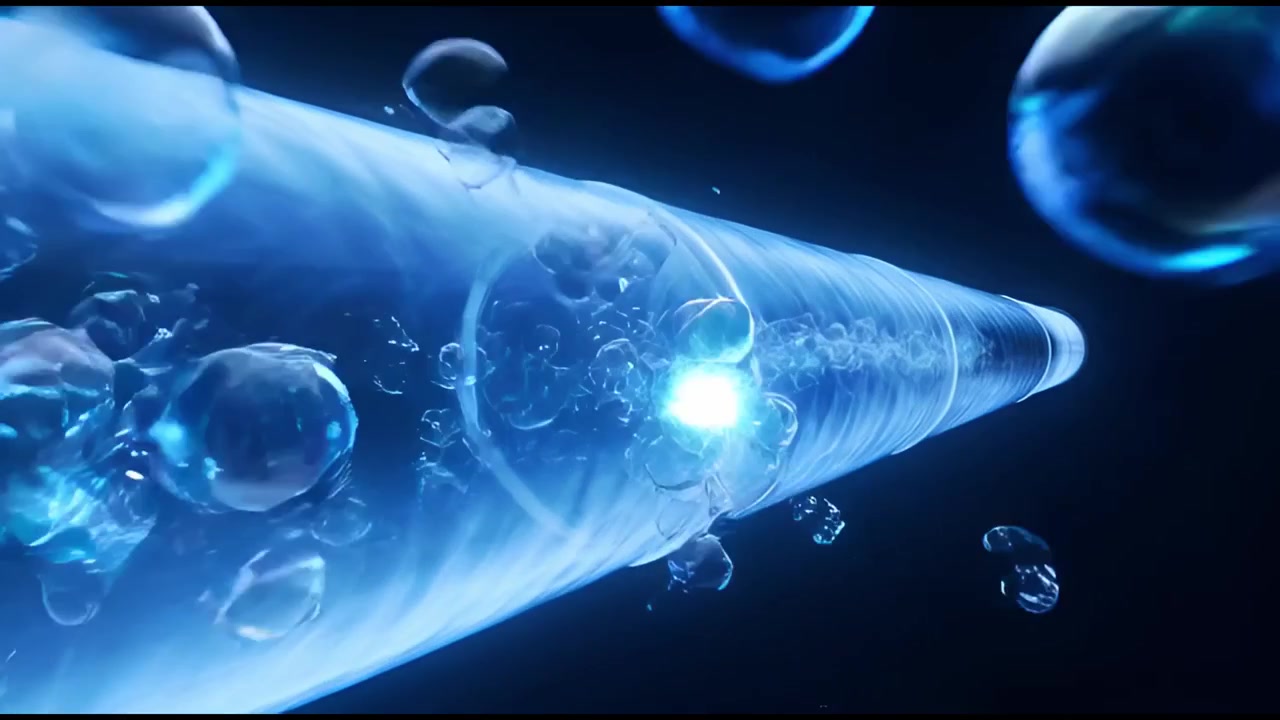 Liquido blu e bolle che scorrono in un tubo trasparente con luce brillante.