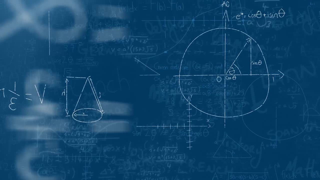 파란색 배경에 수학 방정식과 학교 개념 텍스트 위에 빛의 점의 애니메이션