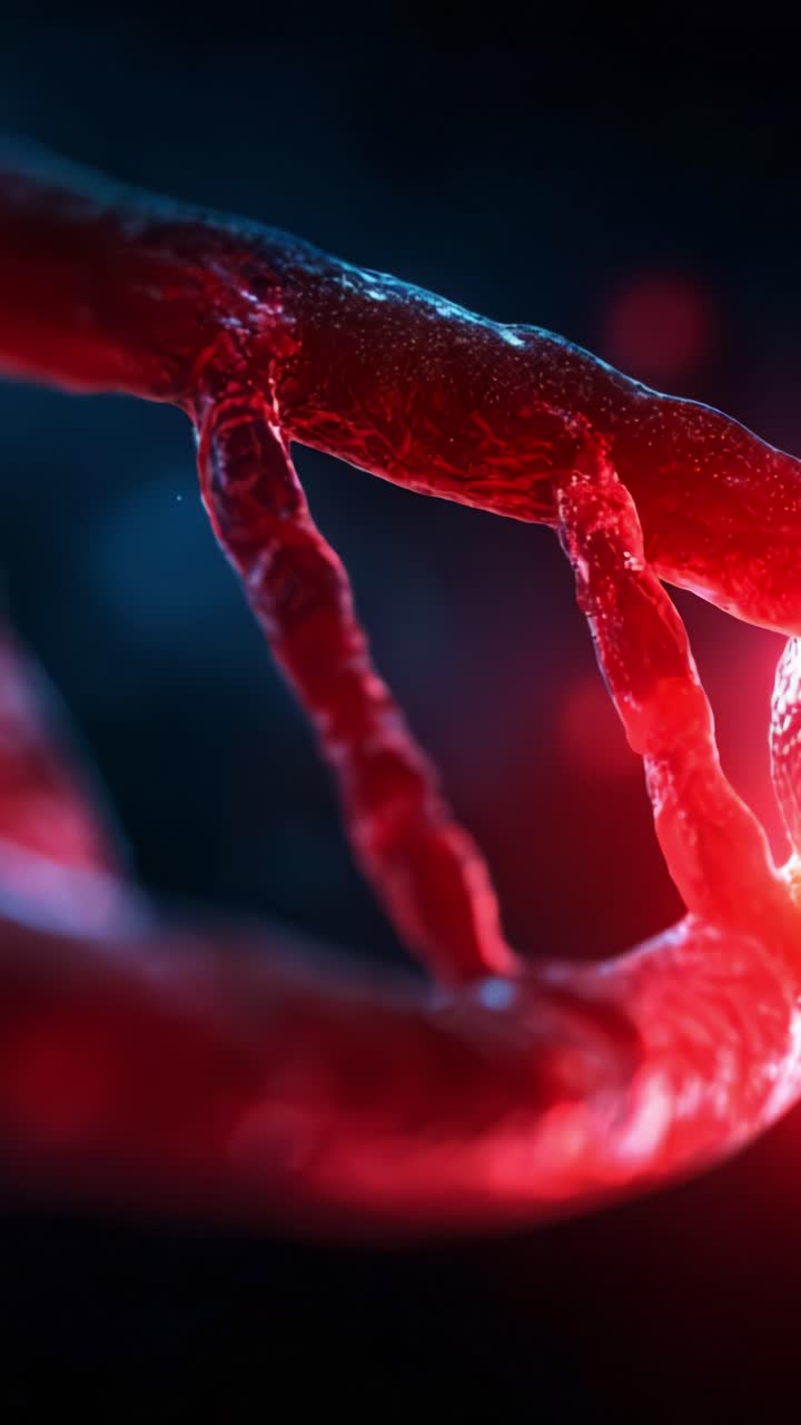 Indviklet visualisering af en DNA-helix i levende rødt skær, der fanger essensen af genetiske strukturer og deres dynamiske rolle i levende organismer