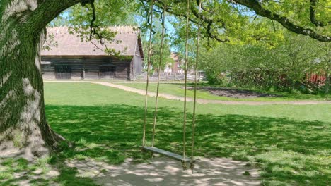 Columpio-Colgando-De-Un-árbol-En-El-Campo-Con-Hierba-Verde-Y-Fondo-De-Granero,-Estático-En-Tiempo-Real