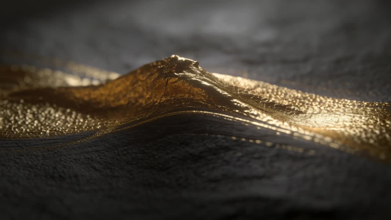 Ein weiches Licht einfangendes goldenes Band steigt auf und faltet sich zu einem Wappen auf einer Studiooberfläche, zeigt Perlen.