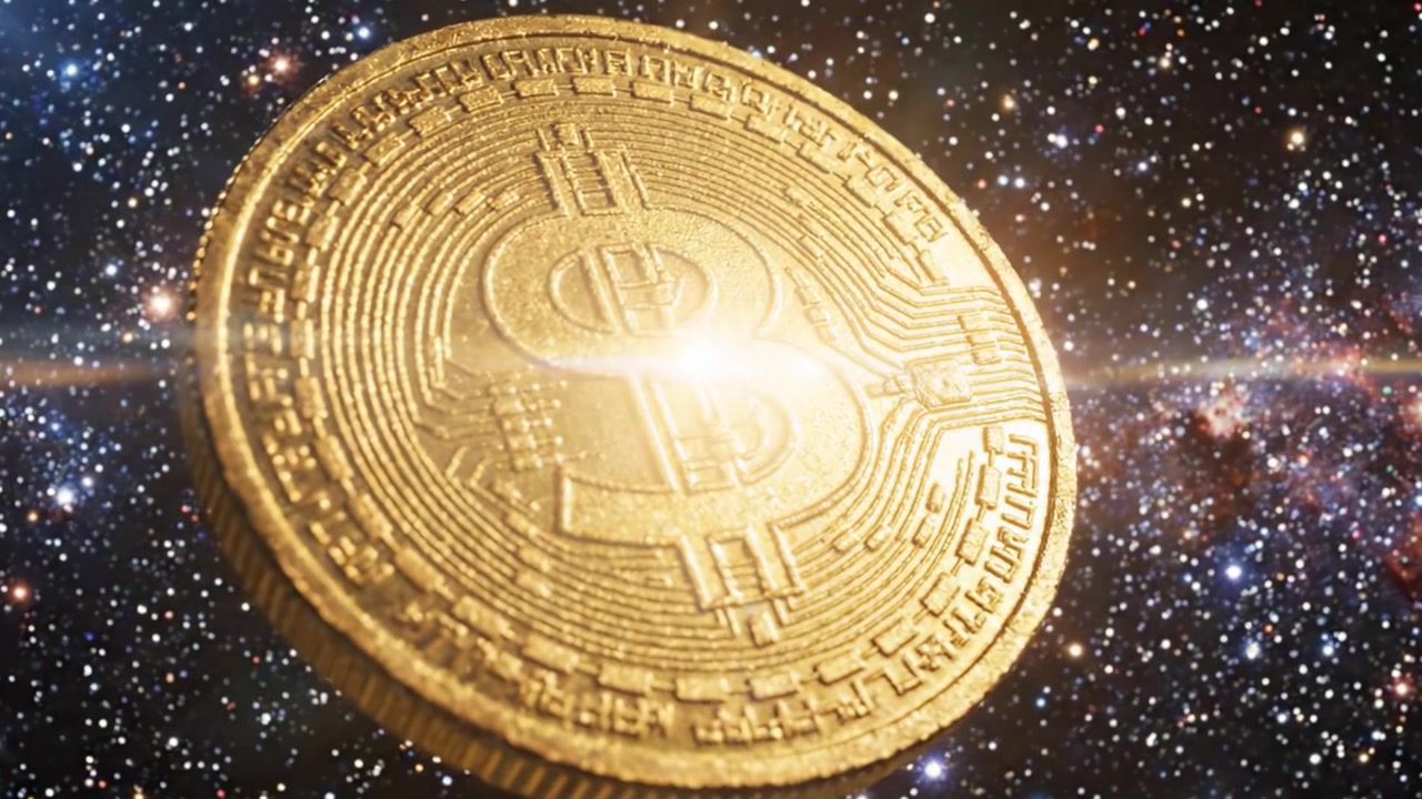 Explorando a paisagem cósmica da criptomoeda: Uma visualização 3D de um Bitcoin flutuando no espaço com estrelas e galáxias ao seu redor.