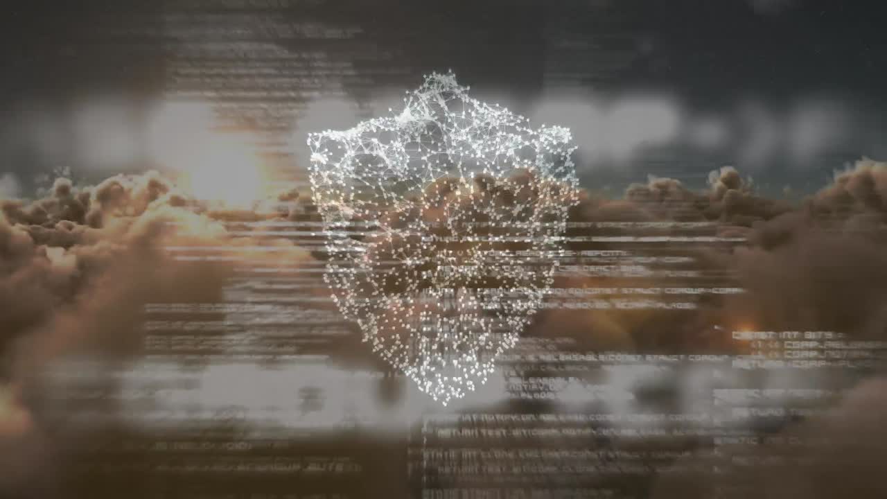 animación del procesamiento de datos digitales y código qr sobre cielo nublado