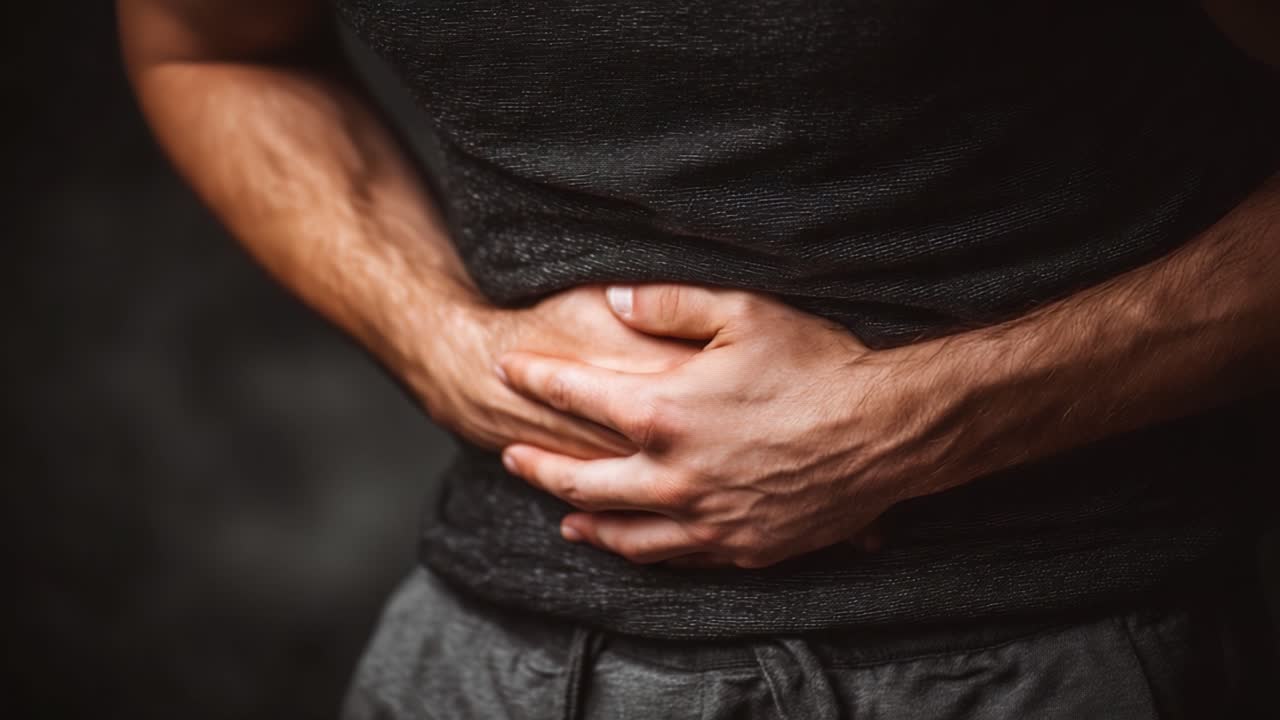 Un uomo che si tiene lo stomaco per il disagio, raffigurando l'intensità del dolore addominale e le difficoltà della salute digestiva