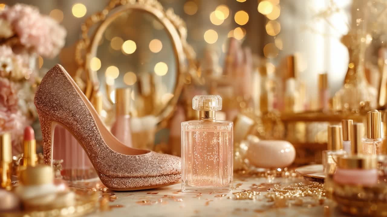 Glamorous Beauty Arrangement Featuring Sparkling High Heels and Fragrant Perfume Bottles on a Luxurious Vanity Table Surrounded by Golden Accents and Soft Bokeh Background
