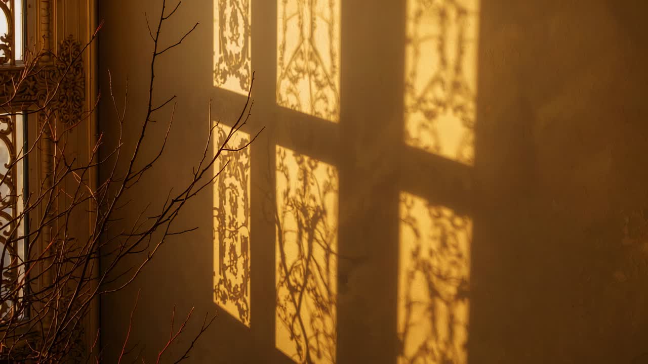 Casting grille shadows moving in room corner, late sun entering window, twigs swaying, copy space
