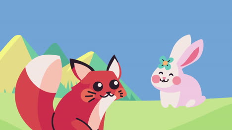 cute fox and rabbit in a spring landscape