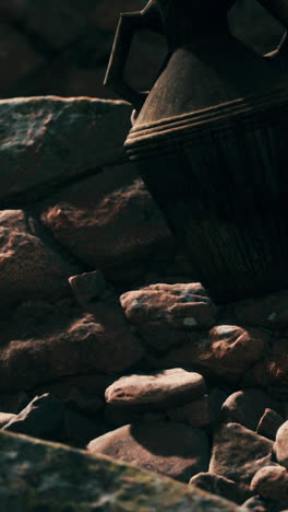 vieja olla de arcilla en un montón de rocas