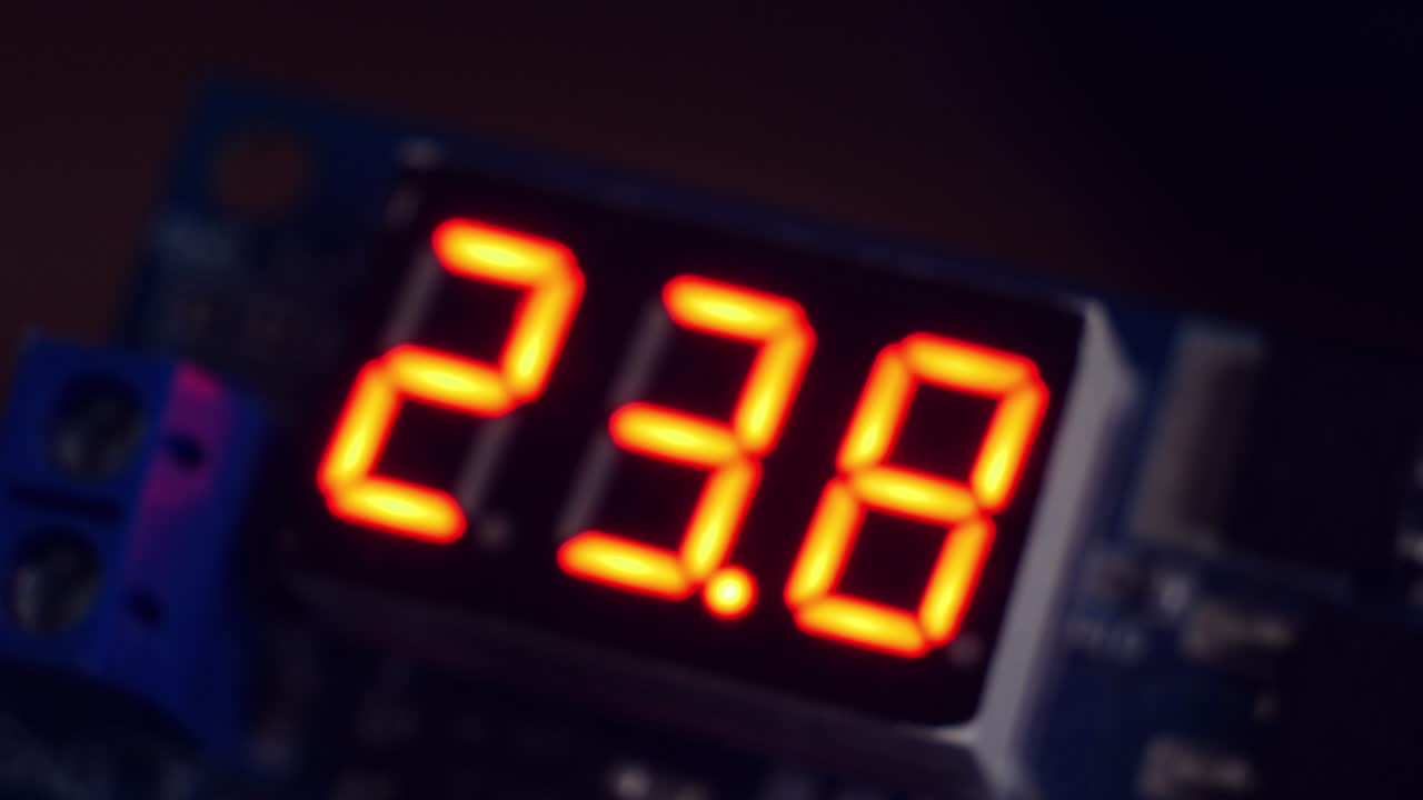 Countdown timer. 30 Seconds. Red digital scale. Decimals. One tenth of a second. The concept of growing danger