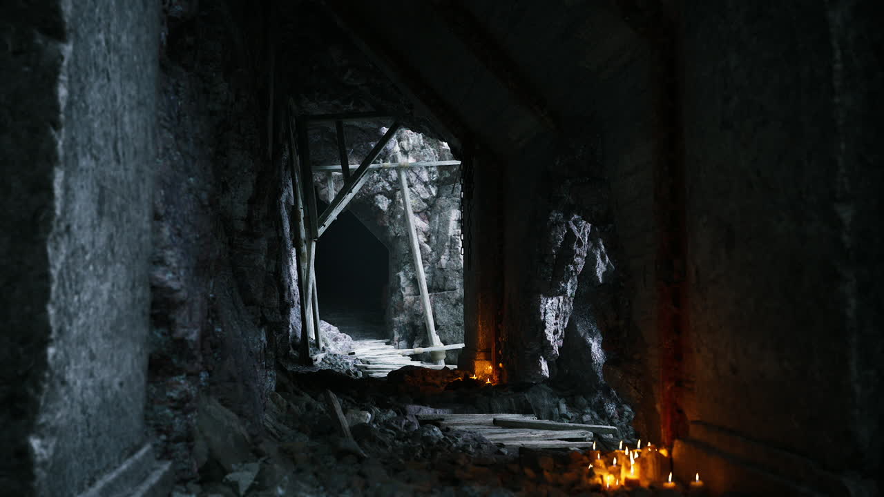 Exploring an ancient underground mine with flickering candlelight