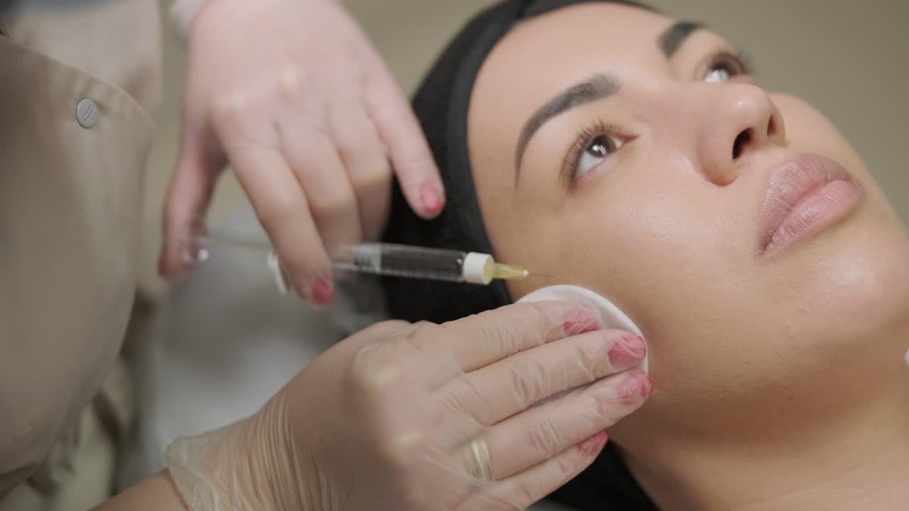 현대 화장품 클리닉에서 보리넘 치료를하는 여성 전문 화장품 전문가는 얼굴 피부를 재생시키기 위해 보리 독소를 주사합니다. 매력적인 여성 환자 주름을 부드럽게합니다.