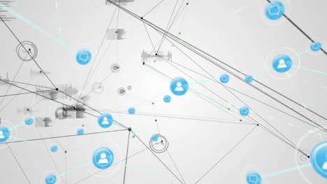 conexiones de red y animación de procesamiento de datos sobre fondo blanco con íconos azules