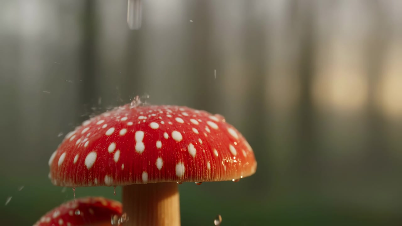 Low-angle close-up of red mushroom cap with white wart spots being hit by falling water droplets, showing suspended beads above cap, tiny radial splashes, wet sheen, and soft forest background