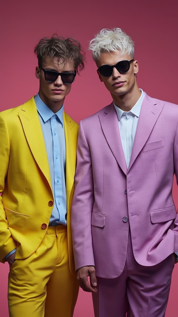 Giovani uomini eleganti in abiti giallo brillante e rosa, con occhiali da sole, in piedi contro uno sfondo rosa da studio.
