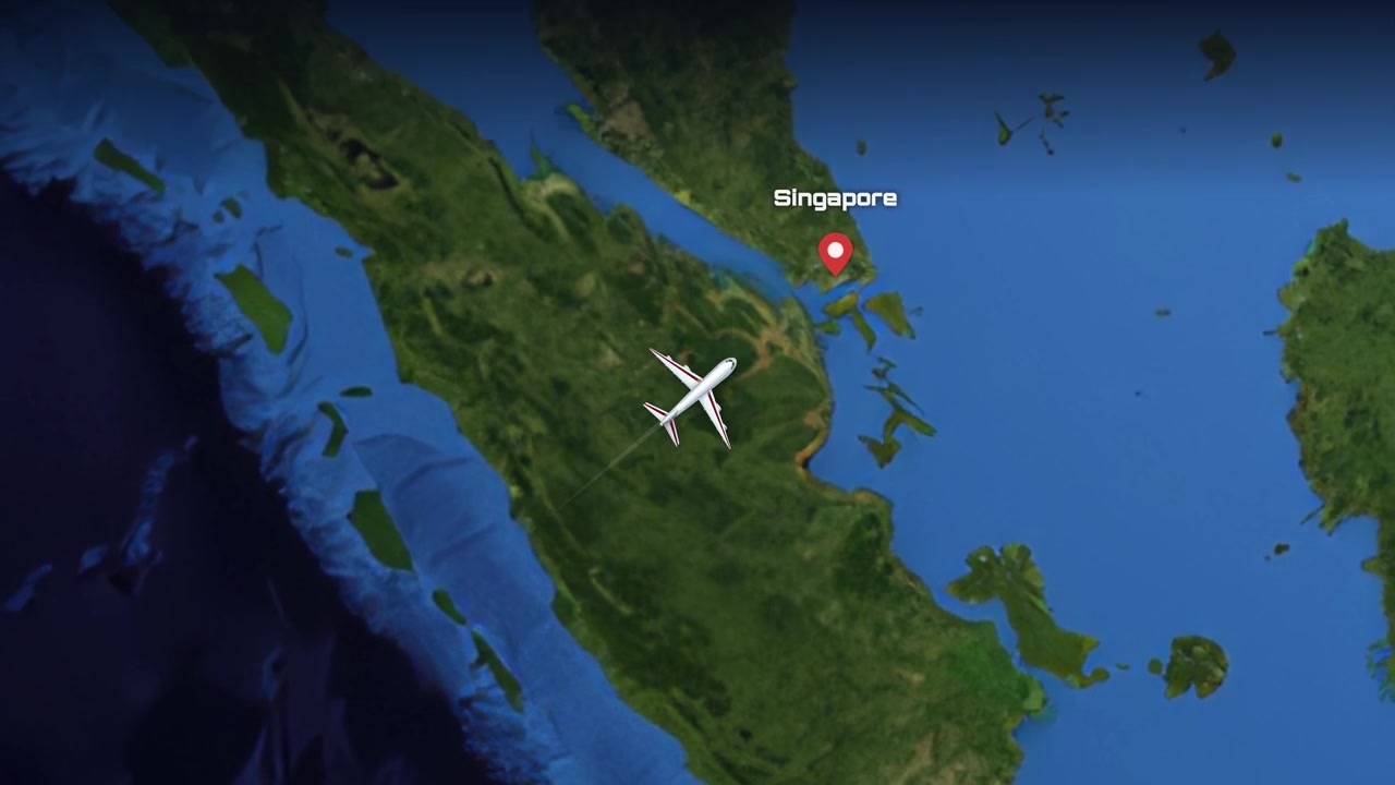 Satellite map animation tracks a commercial airplane flying from Brazil across oceans to Singapore