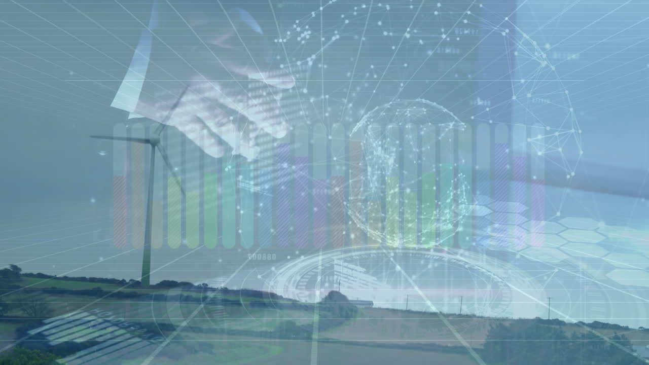 금융 데이터의 애니메이션과 풍력 터빈 위에 터치 스크린을 사용하는 사업가