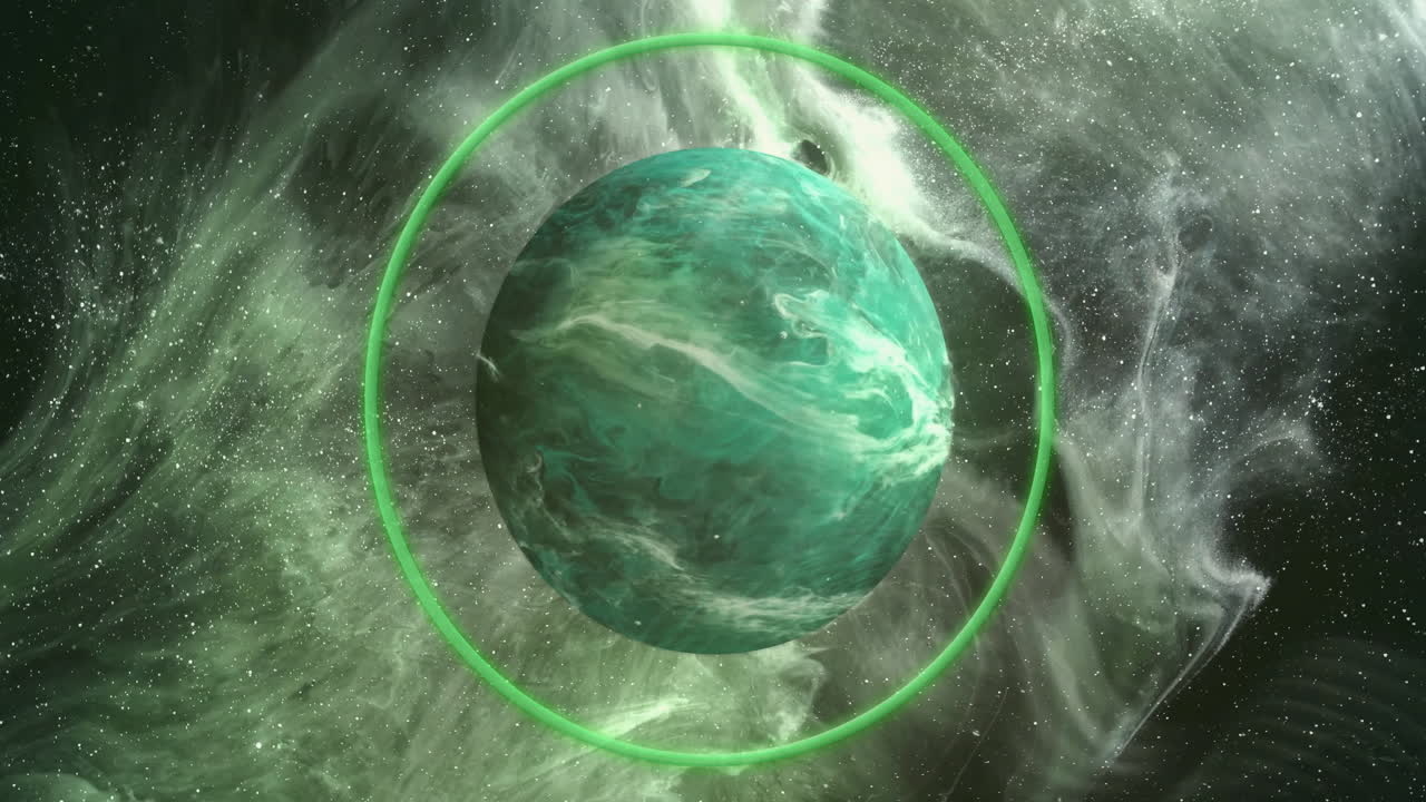 Animation of colourful shapes over planet on sky with stars