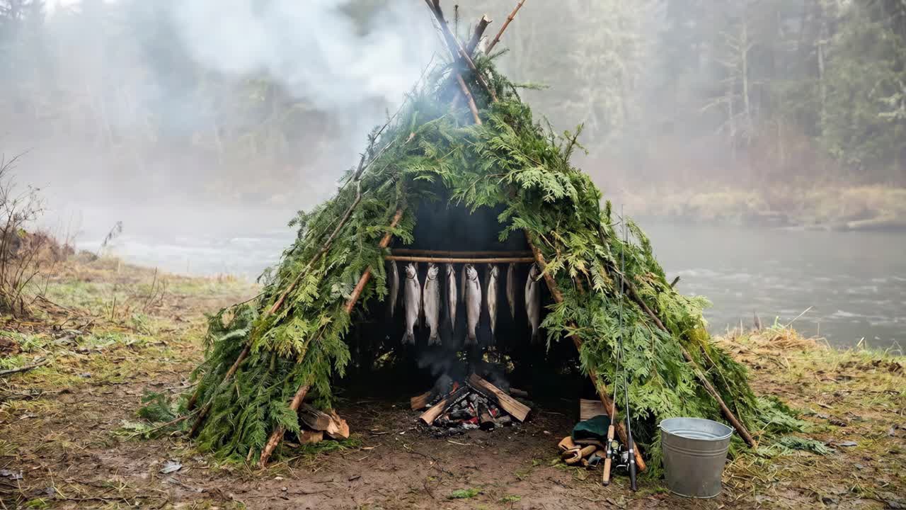 Pesce affumicato sul fuoco da campo in un rifugio di sopravvivenza in natura