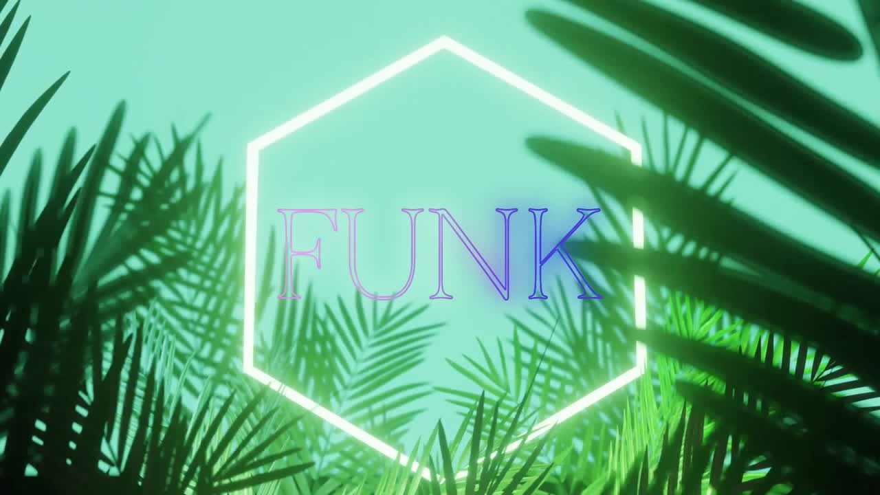 animación de texto funk sobre formas y plantas de neón