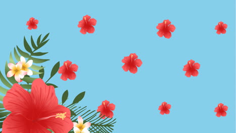 animation of red flowers pulsating in formation over tropical leaves on blue background