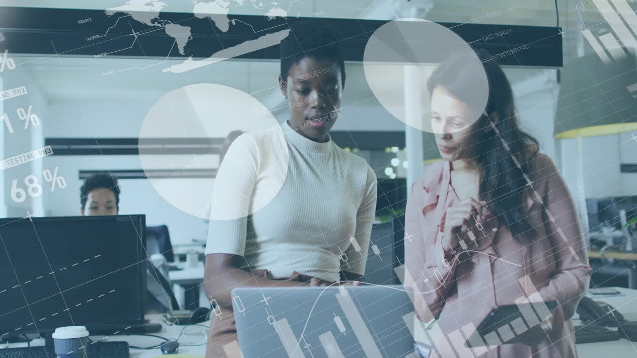 Animation of financial data processing over diverse business people in office