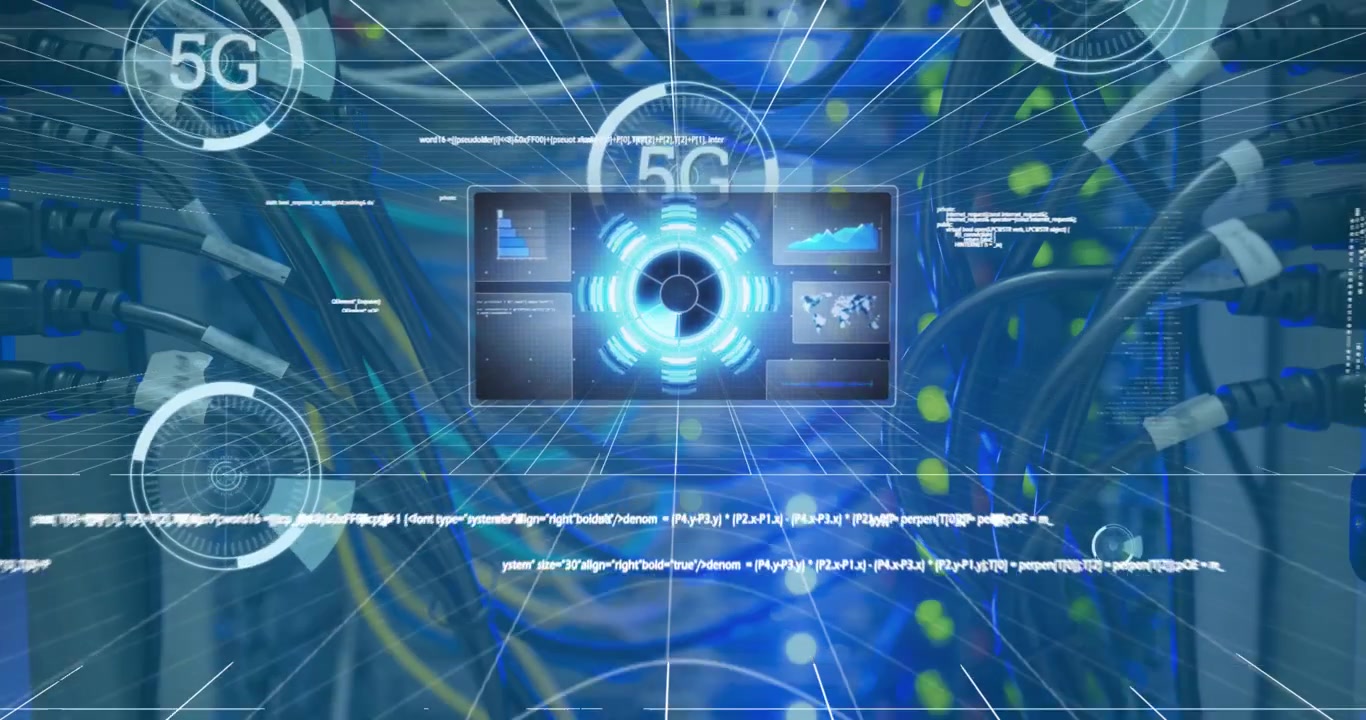 Digital 5G Network Data Interface Over Server Room Background