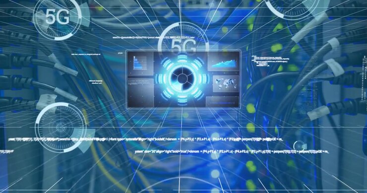Digital 5G Network Data Interface Over Server Room Background