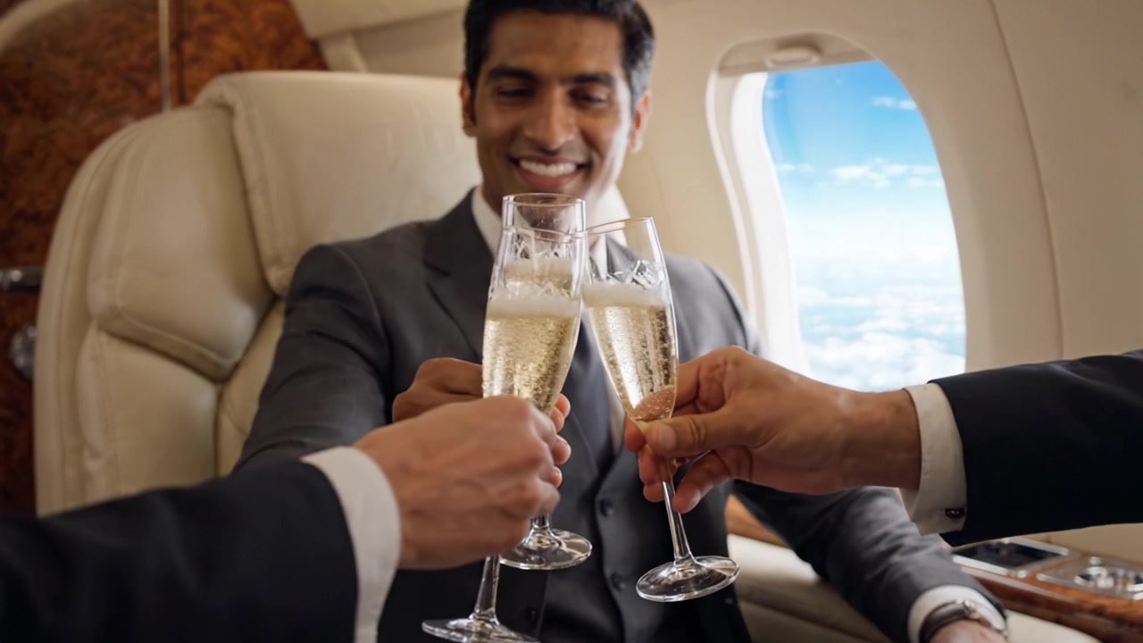 Un uomo d'affari sicuro di sé si gode un viaggio di lusso rilassandosi nella cabina di un jet privato, sorseggiando champagne con un abbigliamento comodo ed elegante