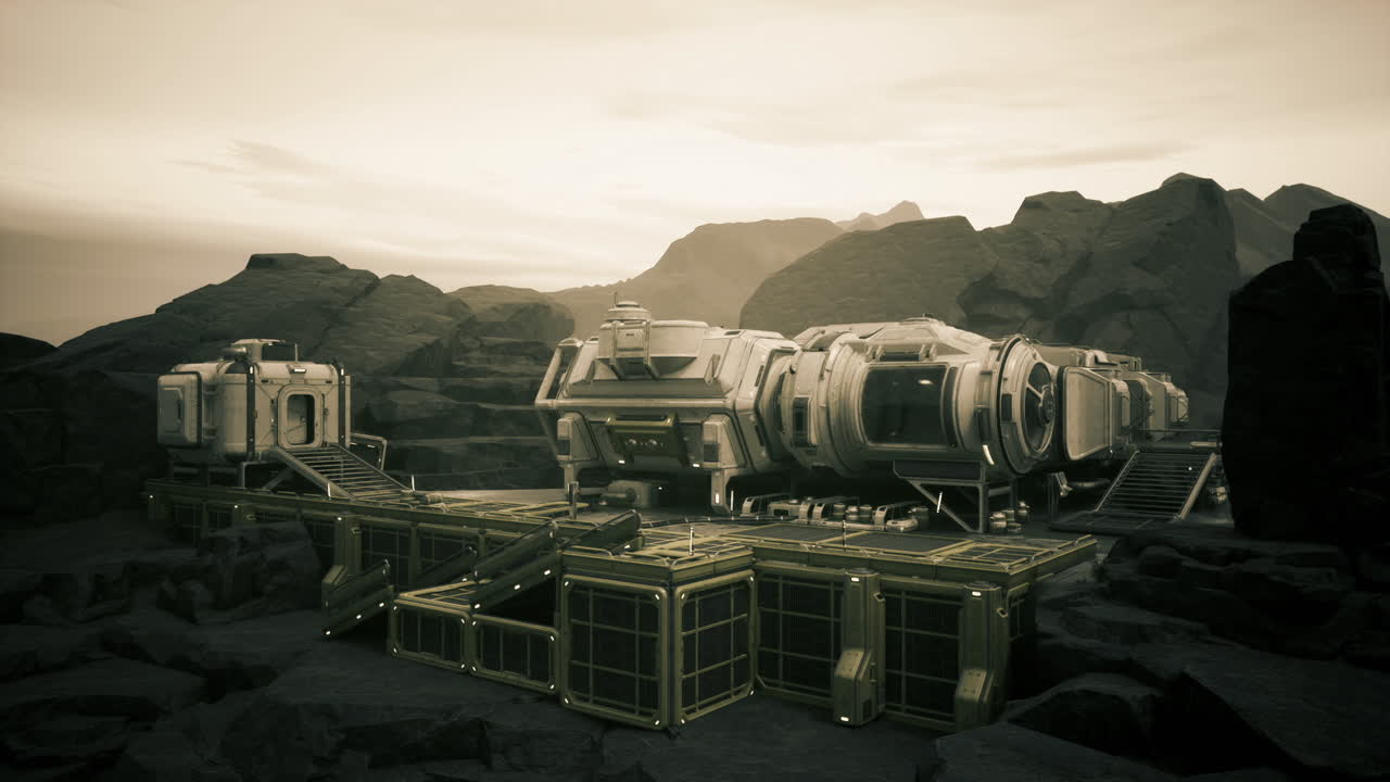 Clustered space modules with crates across vast crater plain imagery