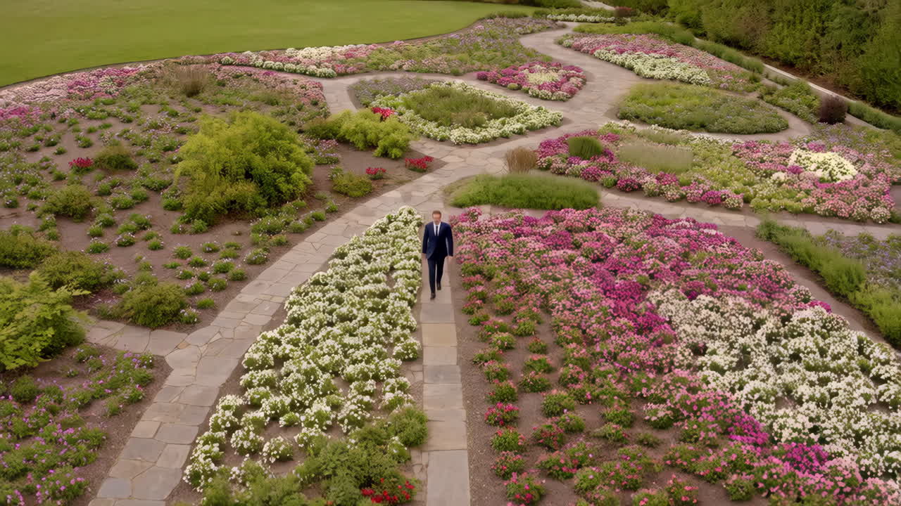 A man walks through a vibrant flower garden