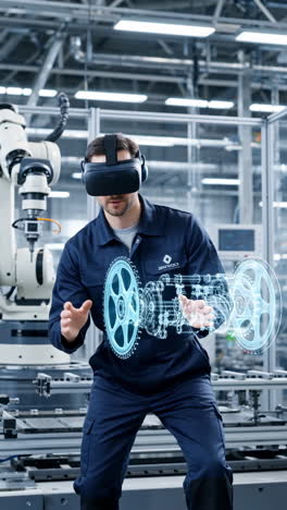 engineer using virtual reality to interact with holographic machinery in a factory