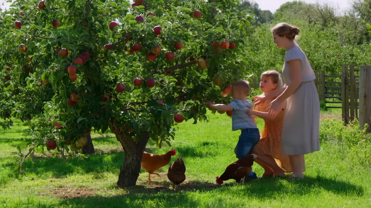 Family Apple Picking in an Orchard with Chickens
