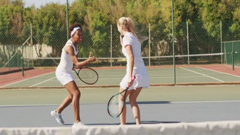 Video-Von-Glücklichen,-Vielfältigen-Tennisspielerinnen,-Die-Schläger-Halten-Und-Hände-Schütteln