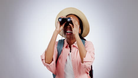 Hiking,-binocular-and-excited-black-woman
