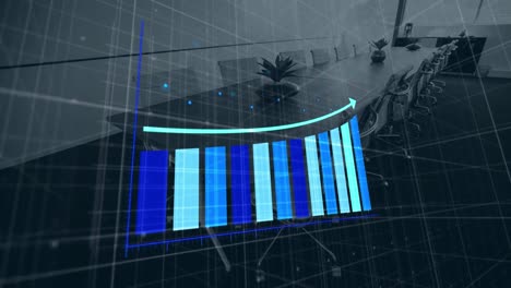 Animation-of-bar-graph-representing-growth-over-empty-chairs-and-table-arranged-in-conference-room