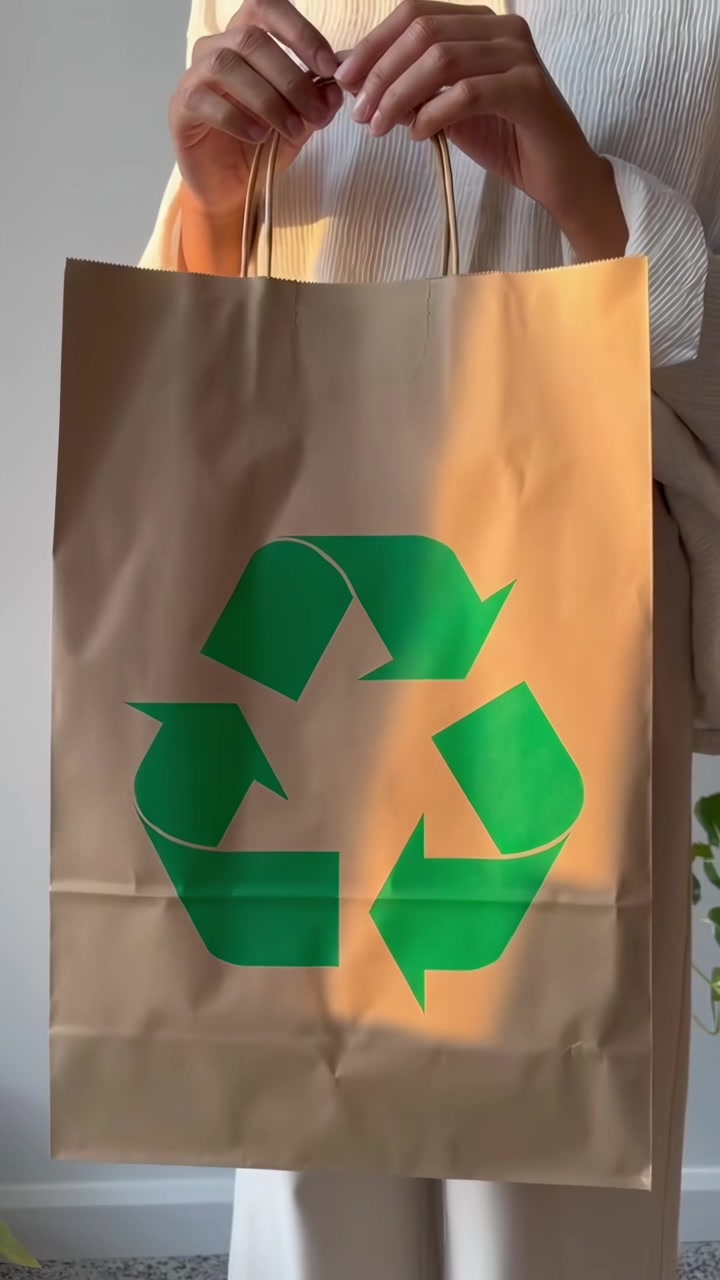 Persona che tiene una borsa della spesa di carta riciclabile.