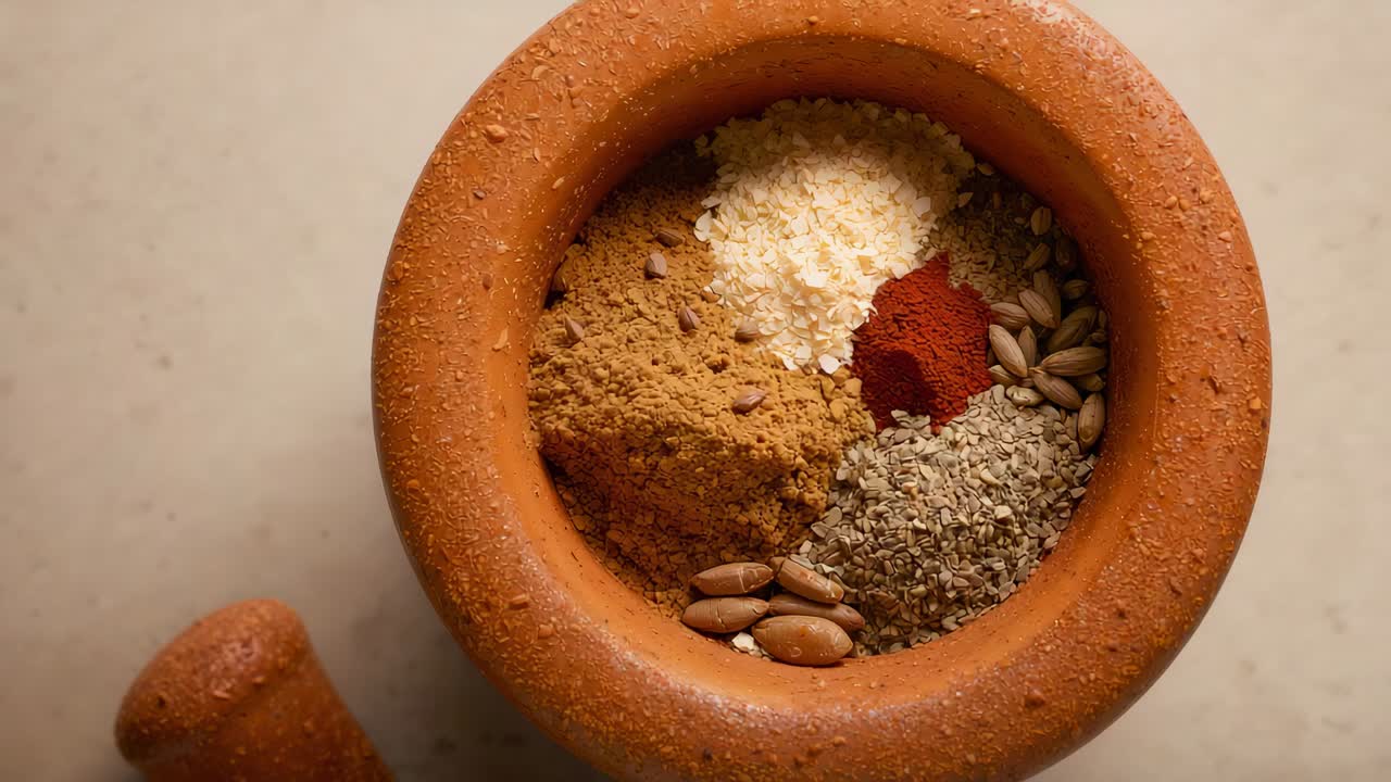 Telecamera che si avvicina, mostrando un mortaio di terracotta con cumuli di spezie su un piano di lavoro, e un pestello prima della macinazione.