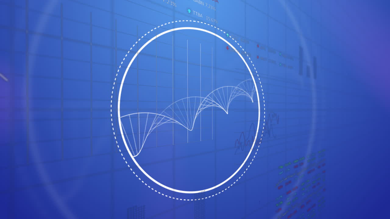 Animation of data processing and dna strand over blue background