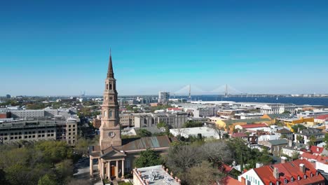 A-dolly-out-drone-shot-of-st-Philips-church-in-downtown-charleston-south-carolina