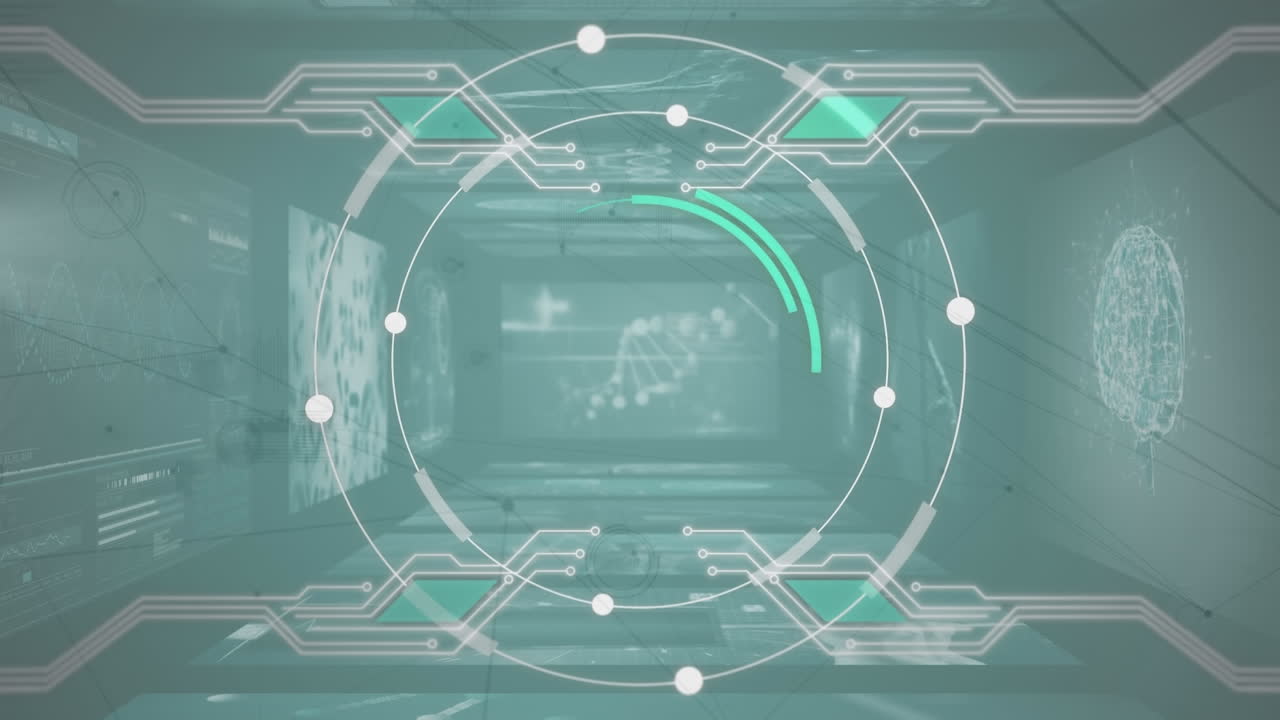 검은 바탕에서 범위 스캐닝과 데이터 처리에 대한 연결 네트워크의 애니메이션