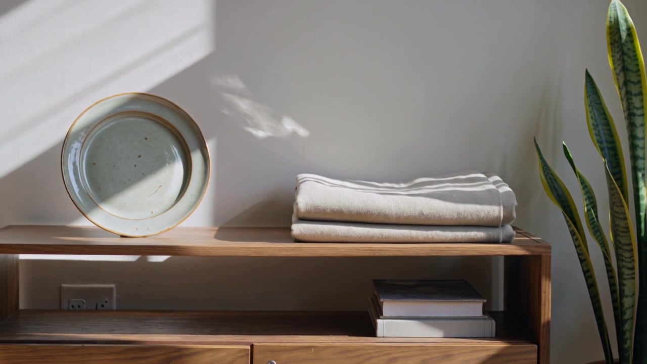 Shifting sunlight through slatted window sweeping across console at home marking time on plate